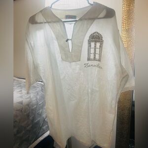 Zanzibar tunic top with brown button & gold pocket “ZANZIBAR” inscribed details